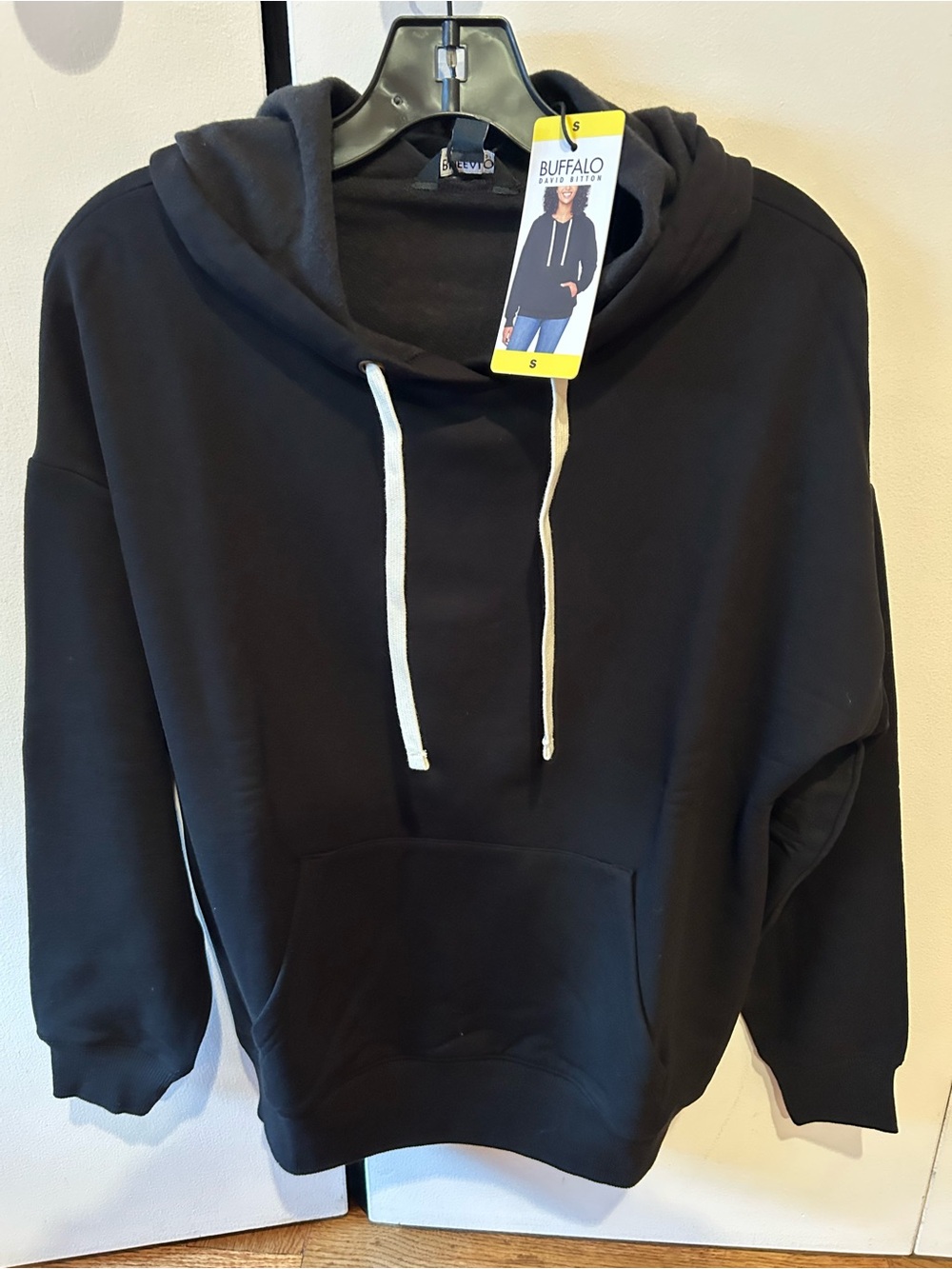 Buffalo David Bitton Black Crewneck Hoodie with Cream Drawstrings